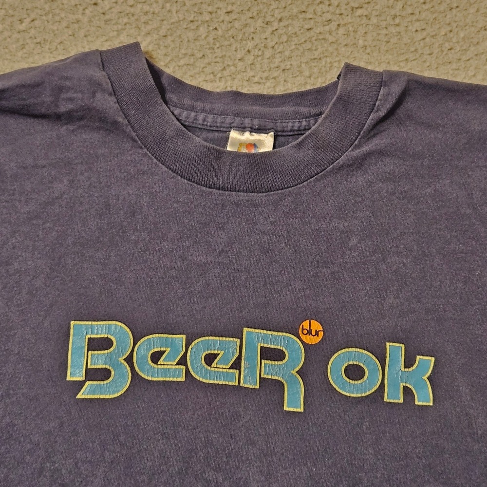 Vintage Blur Beer Ok T Shirt Mens XL Navy Blue Fruit of the Loom Single Stitch